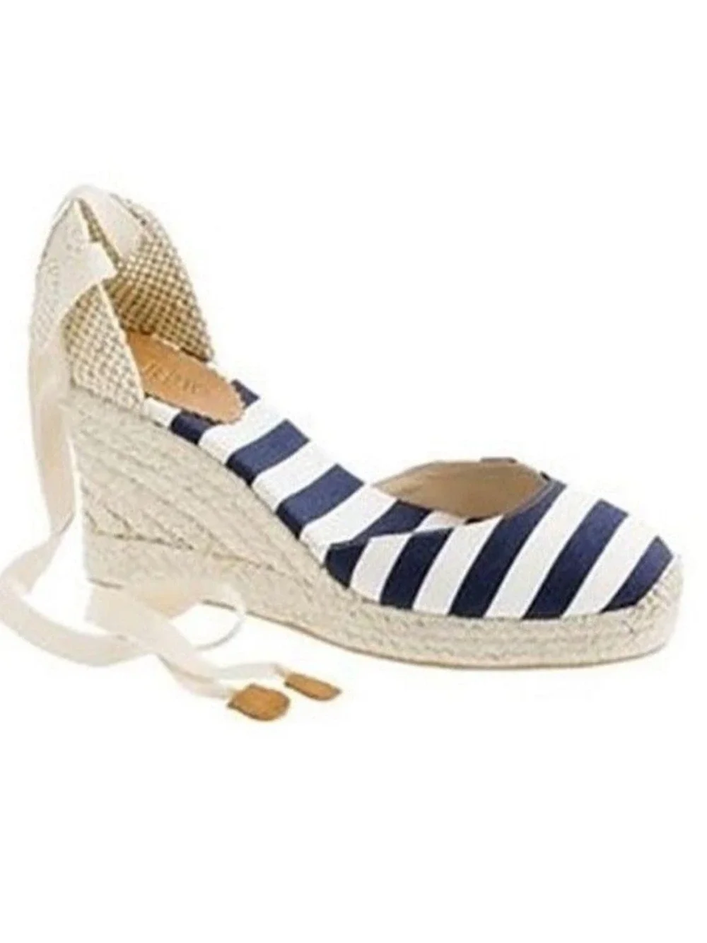 NWT J.Crew Sardinia Wedge Espadrilles Lace Up Canvas Wedge Blue White Stripe 8